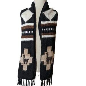Vintage Alpaca Knit Wool Scarf Fringe Brown Black White Handmade Boho